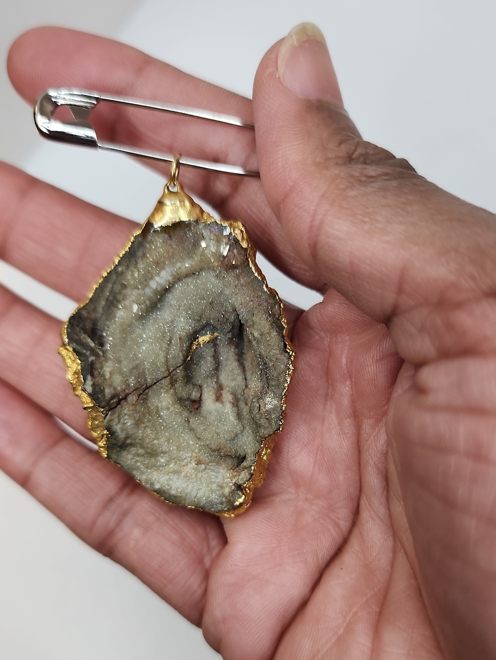 Natural Agate Geode Slice Pendant Brooch Gold Tone Edge